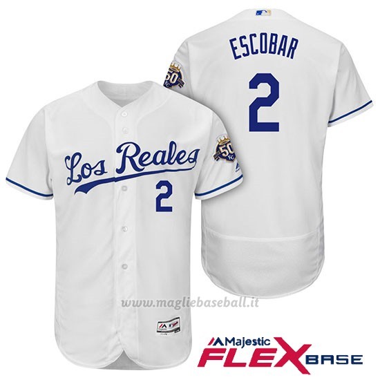 Maglia Baseball Uomo Kansas City Royals Alcides Escobar Bianco 50th Season Spanish Flex Base